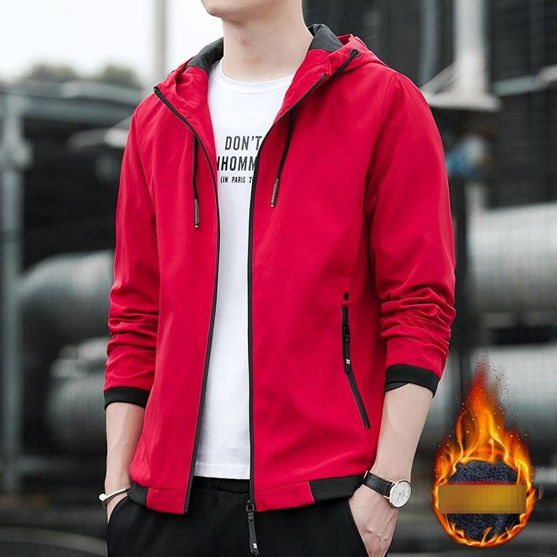 Men's Korean Streetwear Jacket - Oversized Fleece-Lined Zip Up Coat With Ribbed Hem, Trendy Spring/Fall Outerwear In Black/Grey/Red/Khaki/Mist Blue_viptrois.com