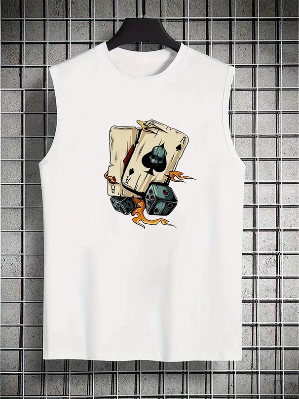 100% Pure Cotton Men's Summer Casual Sports Fitness Loose Poker And Dice Pattern Printed Breathable Round Neck Sleeveless Vest_viptrois.com