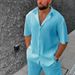 Men's Clothing casual loose beach wear solid color striped short-sleeved suit men's shirt two_viptrois.com