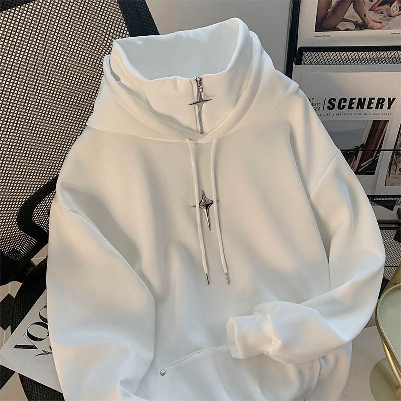 Men's High Neck Pullover Hoodie - Casual Streetwear Vintage Style Oversized Sweatshirt For Teens & Young Adults (Black/White)_viptrois.com