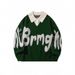 Pure Two-Piece Turn-Down Collar College Loose Casual Color Block Versatile Lazy Autumn Winter Letter Design Sweater_viptrois.com