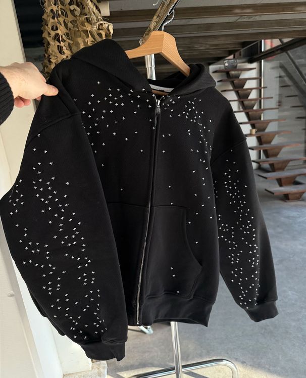 Gothic Star Embroidered Hoodie – Unisex Zip-Up Streetwear Sweatshirt, Oversized Fit, Black (S-Xl)_viptrois.com