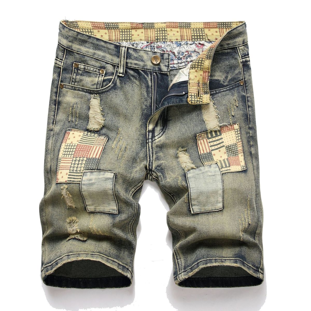 Men's Clothing Ripped Patch Denim Shorts Retro Jeans_viptrois.com