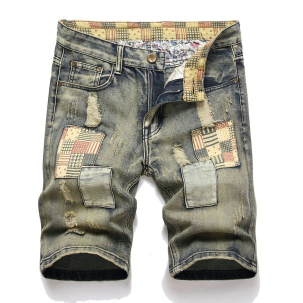 Men's Clothing Ripped Patch Denim Shorts Retro Jeans_viptrois.com