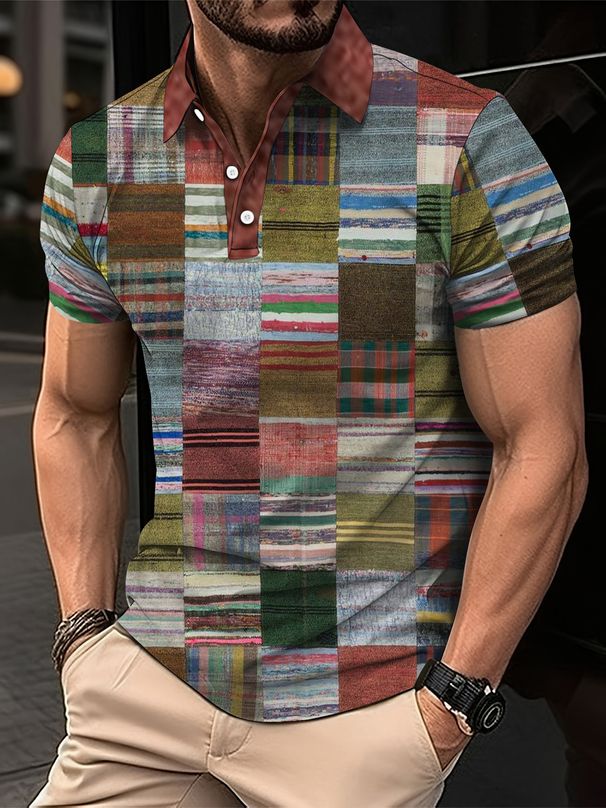 Moda Elegante Harajuku Slim Fit Ropa Hombre Suelta Casual Todo Fósforo Enrejado Camisa POLO Para Hombre Estampado Botón Tops De Manga Corta_viptrois.com