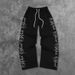 Men's Clothing Men's Streetwear Black Casual Pants With Letter Print, Drawstring Waist, Loose Fit, Comfortable Polyester Fabric_viptrois.com