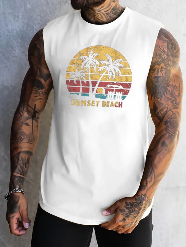 100% Pure Cotton Men's Summer Casual Sports Fitness Loose Coconut Tree Sunset Pattern Printed Breathable Round Neck Sleeveless Vest_viptrois.com