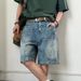 Unisex Summer Denim Shorts 2026 Retro American Patchwork Design Loose Fit Five Point mid Waist Blue with Pockets Machine Washable_viptrois.com