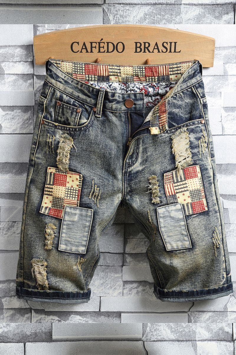 Man's clothing Personality ripped and scraped denim medium pants men's denim shorts Men's patch patchwork five quarter pants_viptrois.com