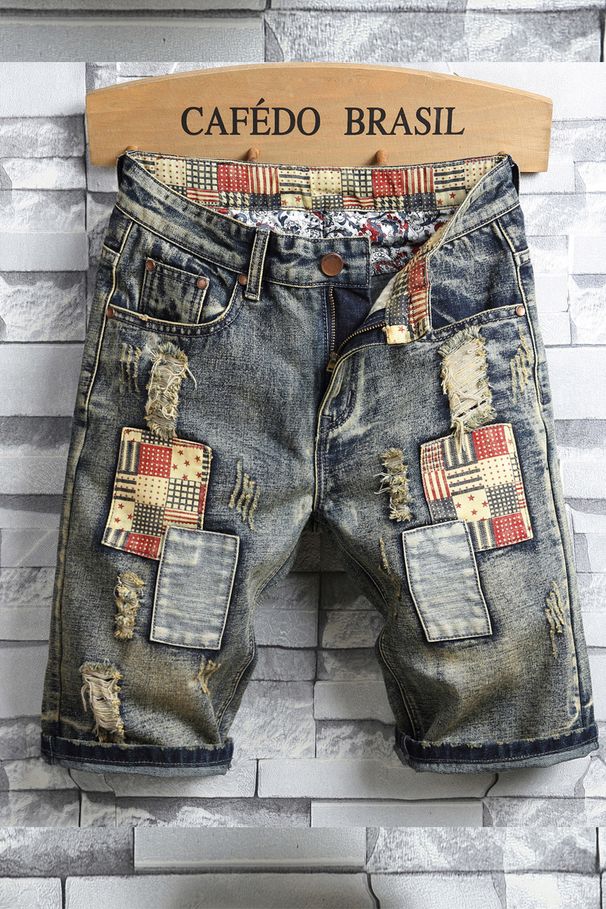 Man's clothing Personality ripped and scraped denim medium pants men's denim shorts Men's patch patchwork five quarter pants_viptrois.com