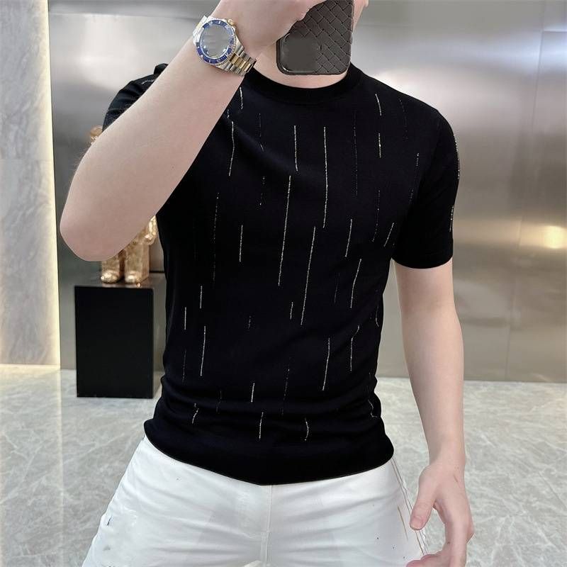 Summer Ice Silk T-shirt For Men: Fashionable, Form-fitting, Versatile, Elastic, Rhinestone, Breathable, Knitted Short-sleeved T-shirt_viptrois.com