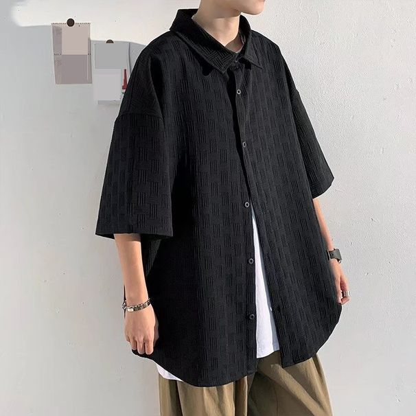 Summer Waffle Work Shirt Men's Short Sleeved Loose Fashion Brand Trendy High End Cool Shirt Half Sleeved Jacket Men_viptrois.com