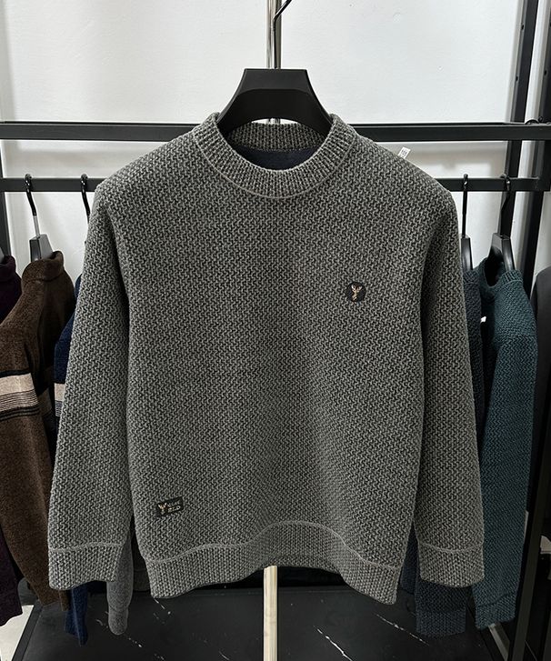 Men’s Fleece-Lined Round Neck Sweater – Winter Thermal Knit Pullover With Deer Embroidery, Casual & Cozy_viptrois.com