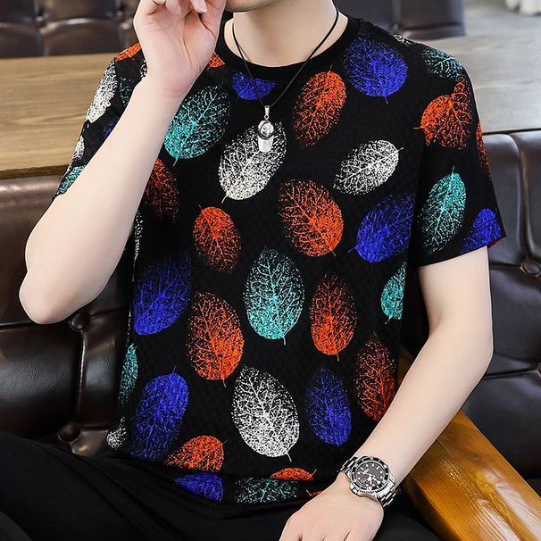Summer 2024 New Ice Silk Men's Breathable Short T-shirt Trendy Jacquard Half Sleeved Slim Fit Top_viptrois.com
