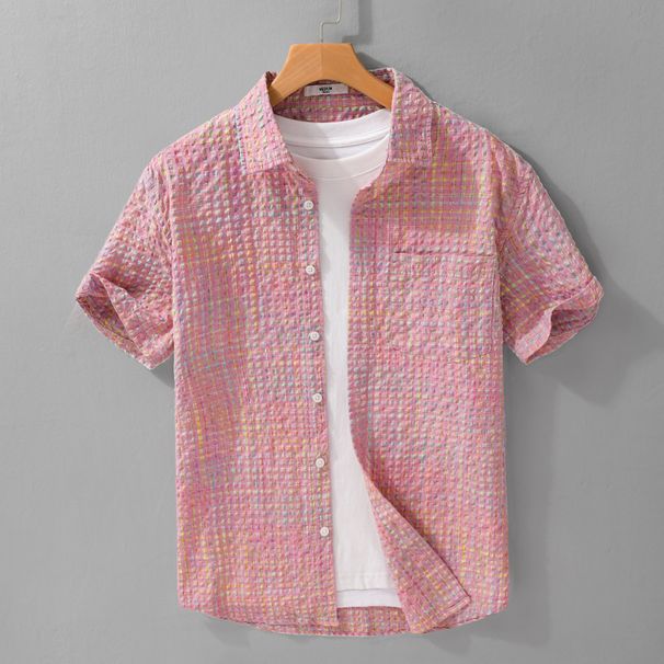 Summer Woven Plaid Bubble Sand Short Sleeved Shirt Men's Trendy Brand Loose And Versatile Plaid Half Sleeved Shirt_viptrois.com