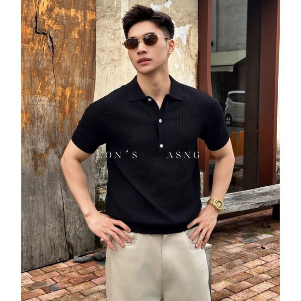 Men's Textured Polo Shirt Knitwear Short Sleeve T-Shirt Lapel Business Summer Top Old Money Style_viptrois.com