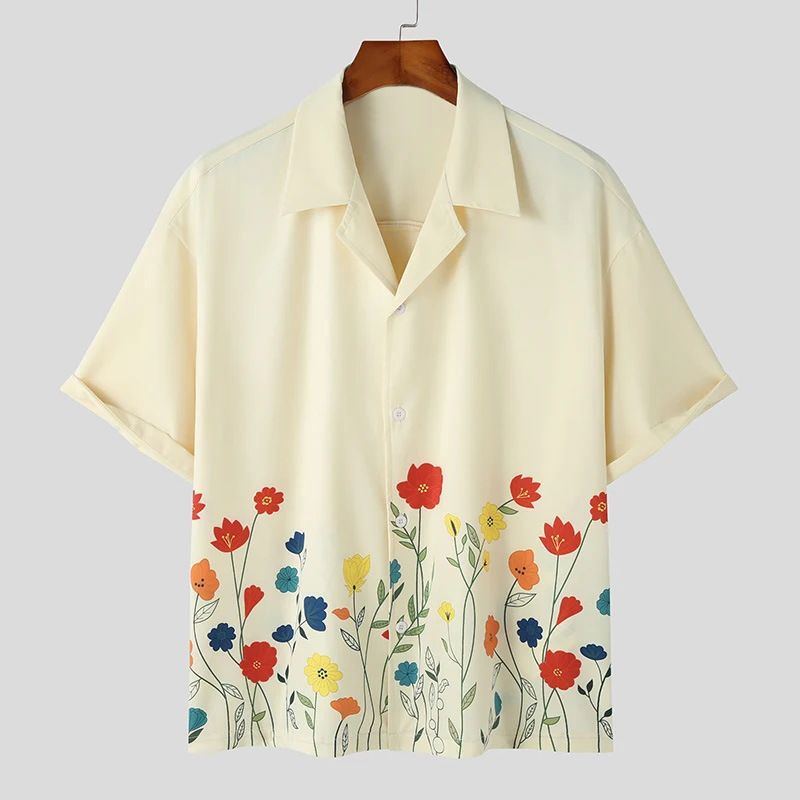 Men's Clothing Men's Casual Short Sleeved Shirt Lapel Fashion Flower Retro Shirt_viptrois.com