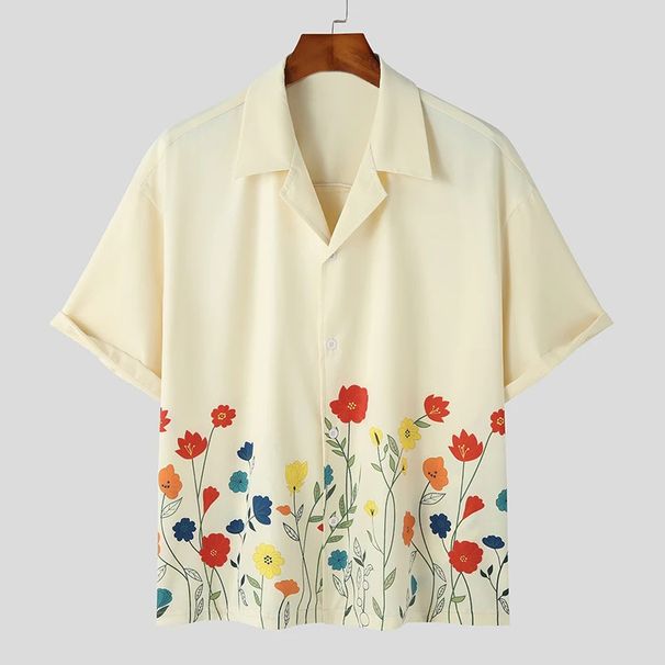 Men's Clothing Men's Casual Short Sleeved Shirt Lapel Fashion Flower Retro Shirt_viptrois.com
