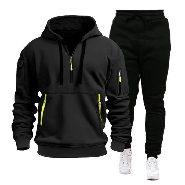 Men's Sports Sweatshirt And Sweatpants Set Autumn Winter Zipper Hoodie With Multi Pockets Plain Design Comfortable Sportswear_viptrois.com