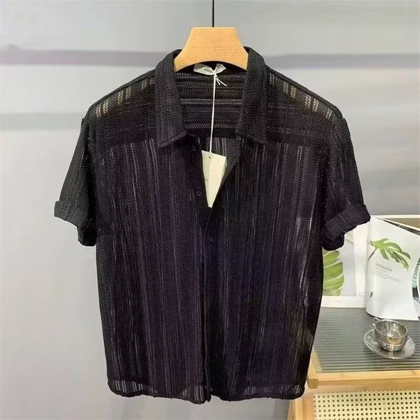 Men's Clothing Summer Thin Fashion Hollow Short Sleeved Shirt Handsome Light Luxury Drape Shirt_viptrois.com