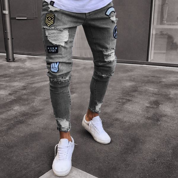 Man's clothing Jeans for men trend denim knee holes small feet beggar pants for men long pants_viptrois.com