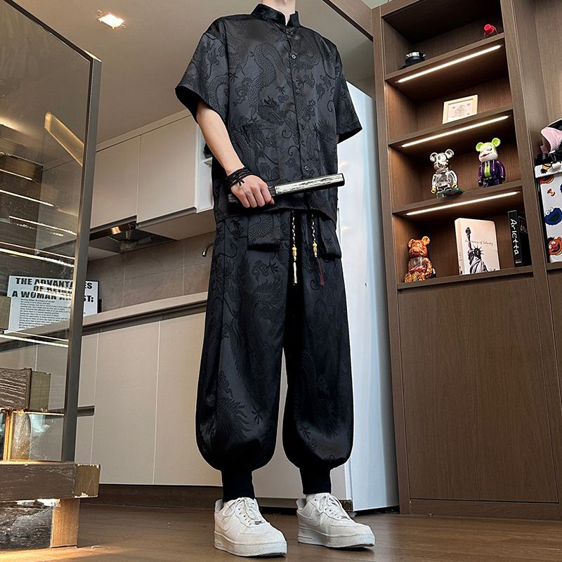 Men's Clothing High-End Tang Suit Short-Sleeved Shirt Drawstring Pants _viptrois.com