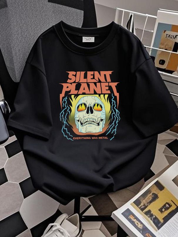 Silent Planet Everthing Was Metal Flaming Skull Black T-Shirt Mens L Fashion Versatile Streetwear Unisex Breathable Homme Casual Soft_viptrois.com