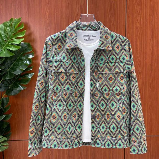 Autumn New Geometric Jacquard Ethnic Style Long-sleeved Jacket Young Men's Personality Casual Retro Lapel Denim Jacket_viptrois.com