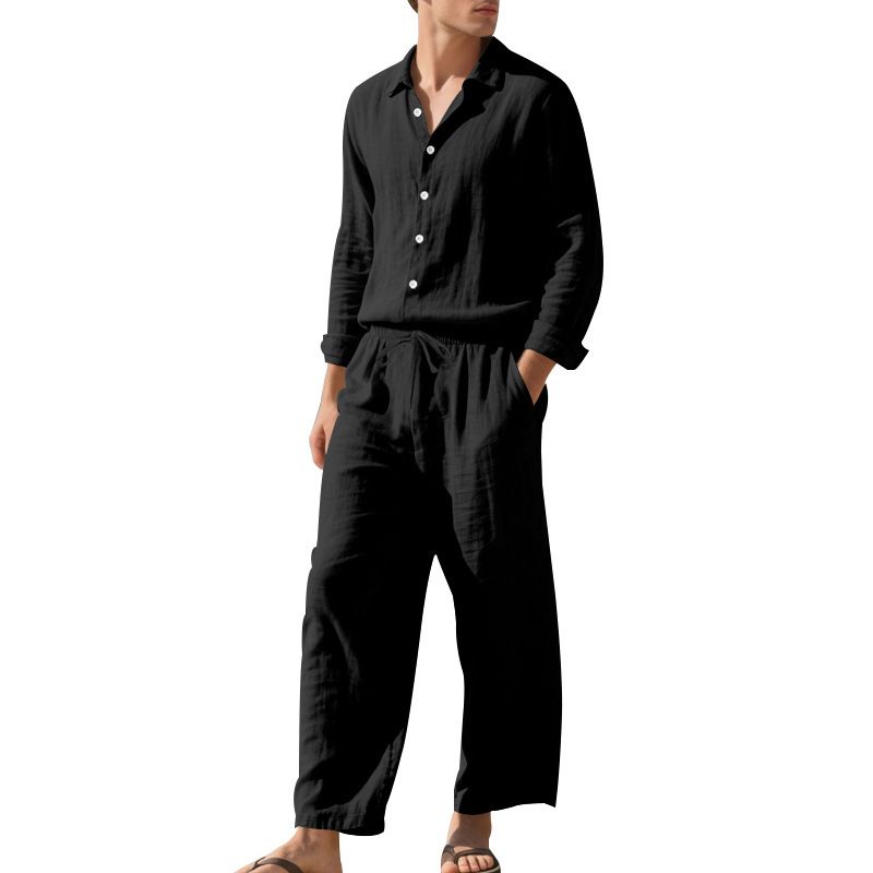 Men's Linen Beach Suit Casual Loose Fit Long Sleeve Shirt & Trousers Set With Sun Protection_viptrois.com