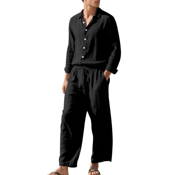 Men's Linen Beach Suit Casual Loose Fit Long Sleeve Shirt & Trousers Set With Sun Protection_viptrois.com