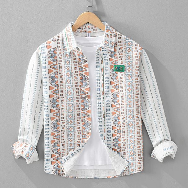 Fresh Jacquard Full Printed Long Sleeved Shirt For Men, Fashionable And Casual, Loose Collared Cotton Material_viptrois.com