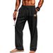Men's Cotton Linen Straight Trousers mid Waist Casual Pants Lace up Drawstring Black Solid Color Spring Autumn Seasonal Wear_viptrois.com