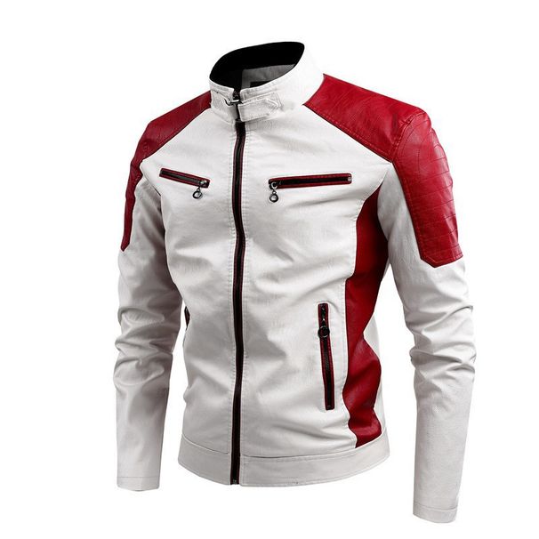Spring And Autumn Leisure Locomotive Splicing Leather Jacket Men's Fashion Stand-up Collar Retro Thermal Leather Jacket_viptrois.com
