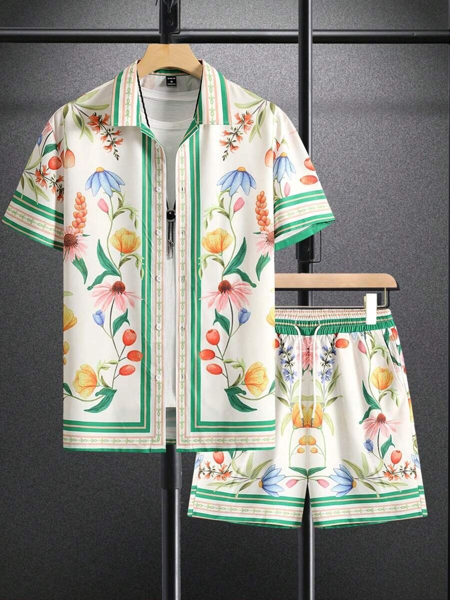 Men's Clothing Summer Shirt Shorts Suit Beach Vacation Colorful Floral Stripes 3d Digital Printing Spot_viptrois.com