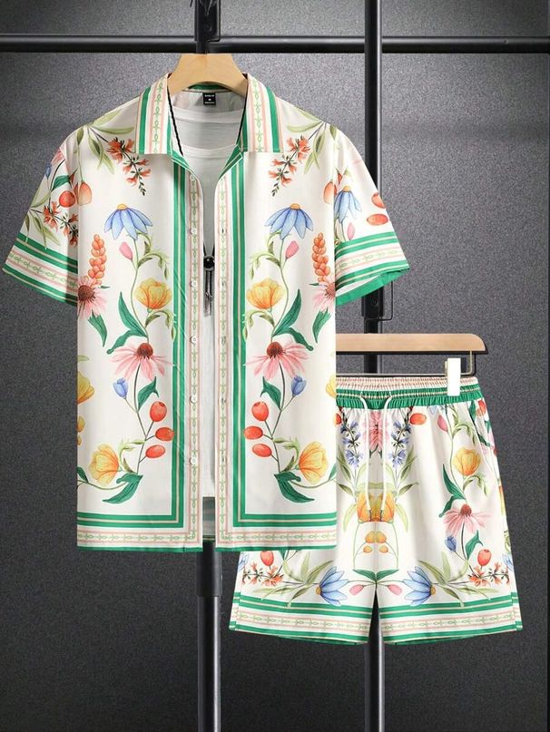 Men's Clothing Summer Shirt Shorts Suit Beach Vacation Colorful Floral Stripes 3d Digital Printing Spot_viptrois.com