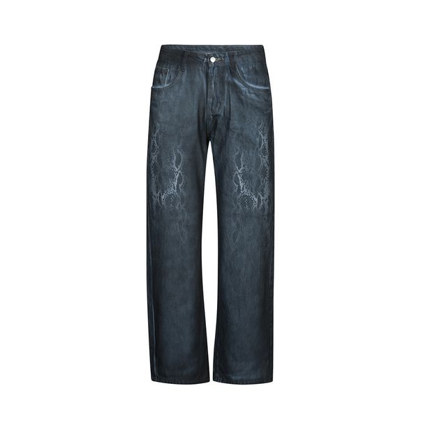 Heavy Industry Spray-Dyed Dirty Denim Men's High Street Punk Wasteland Style Snake Print Vintage Loose Casual Pants_viptrois.com