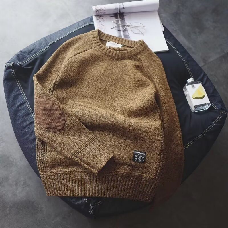 Oversized Retro Knit Sweater For Men - Straight Cut Pullover With Crewneck, Machine Washable Polyester Blend For Casual Wear_viptrois.com