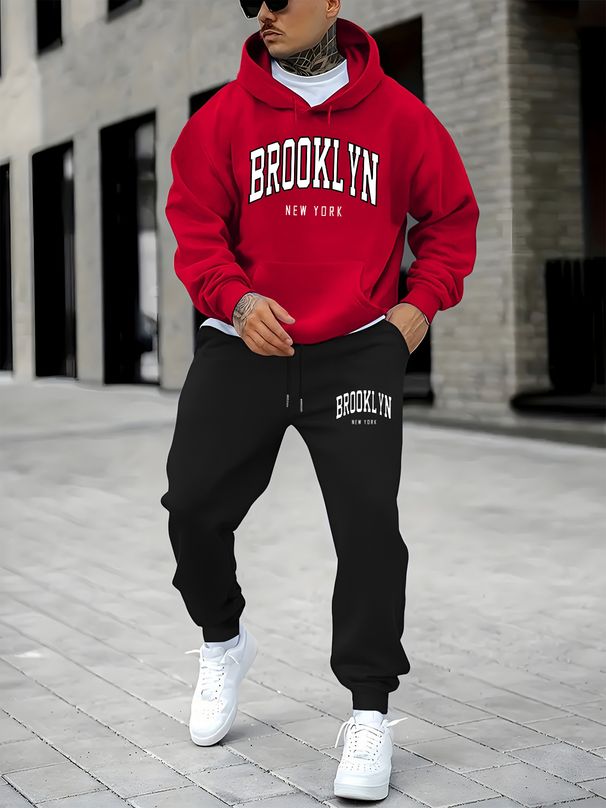Men's Autumn And Winter Casual Fashion Brooklyn New York Letter Printed Loose Suede Thick Hooded Sweatshirt+sweatpants Set_viptrois.com