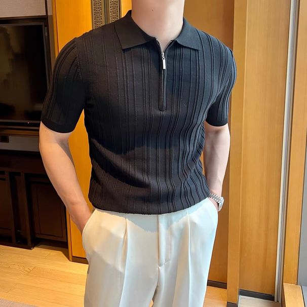 Men's Clothing New High Quality Zipper Striped Ice Silk Polo Shirt Summer Knitted Thin Short Sleeve Men_viptrois.com