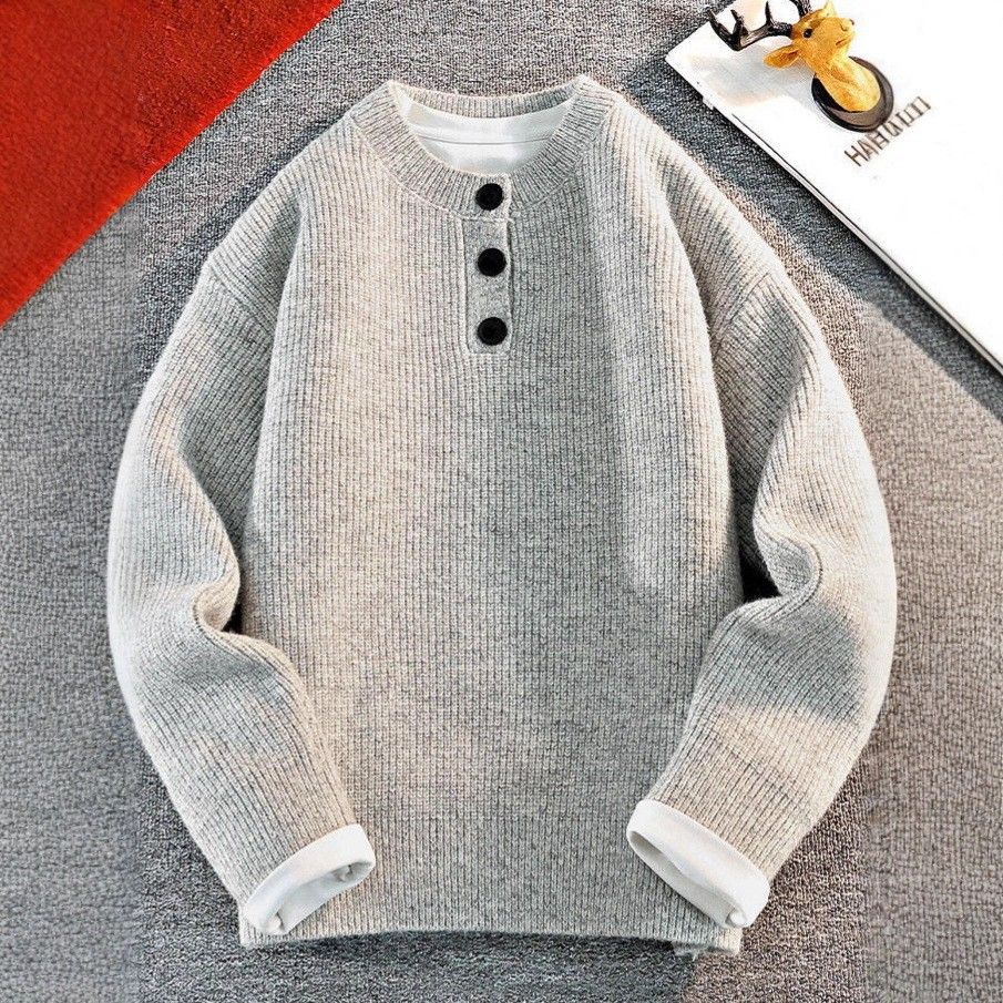 "Solid Color Vintage Henley Sweater – Classic Crewneck Pullover With Bone Buttons, Relaxed Fit Cotton Blend For Casual Sophistication"_viptrois.com