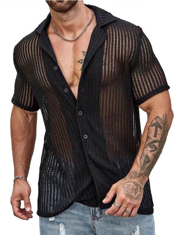 Men's Casual Shirt, Summer Fashion, Cool And Breathable, Solid Color Short-sleeved Top, Knitted Sweater_viptrois.com