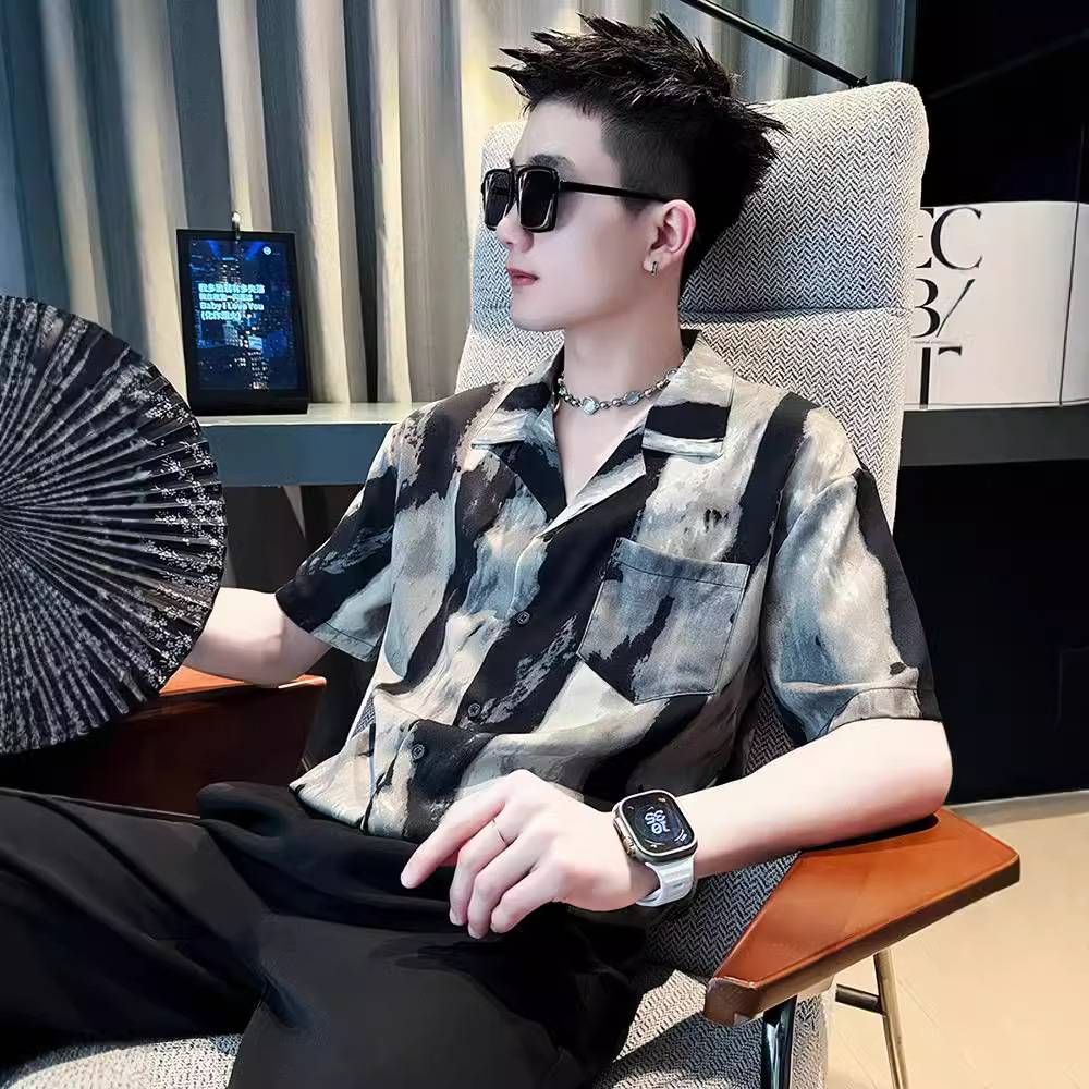 Striped Ice Silk Flower Short-sleeved Men's High-end And Cool, Half-sleeved Men's Summer Thin Five-quarter Sleeved Shirt Coat_viptrois.com