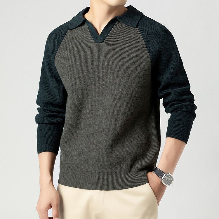 Men's Half-Zip Polo Collar Sweater – Autumn Casual Knit Top With Contrast Lapel (Dark Green/Ha Ching, Sizes M-XXXL, Standard Fit)_viptrois.com