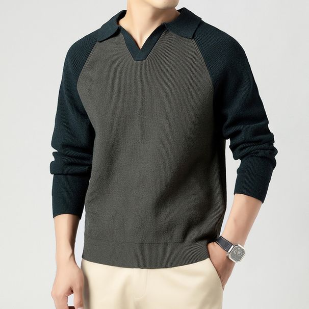 Men's Half-Zip Polo Collar Sweater – Autumn Casual Knit Top With Contrast Lapel (Dark Green/Ha Ching, Sizes M-XXXL, Standard Fit)_viptrois.com