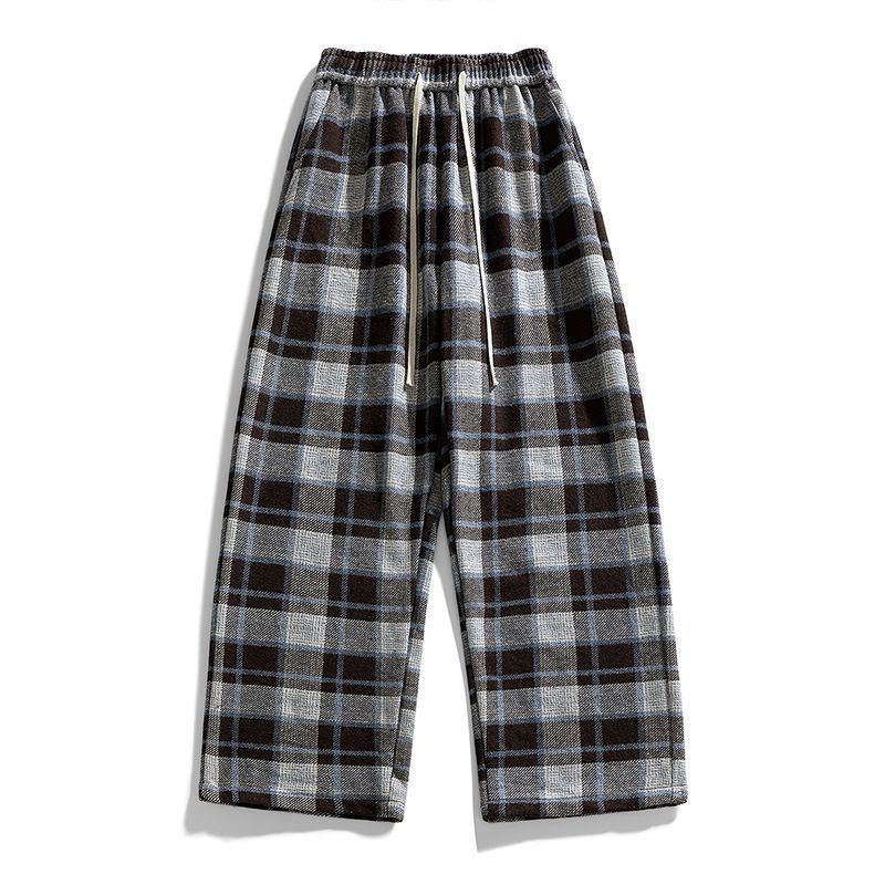 Korean Style Checkered Pants For Teens – Loose Straight-Leg Trousers With Fleece Lining (Blue/Gray) – Winter Casual & Streetwear Essential_viptrois.com