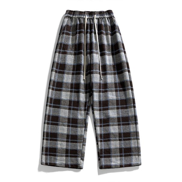 Korean Style Checkered Pants For Teens – Loose Straight-Leg Trousers With Fleece Lining (Blue/Gray) – Winter Casual & Streetwear Essential_viptrois.com