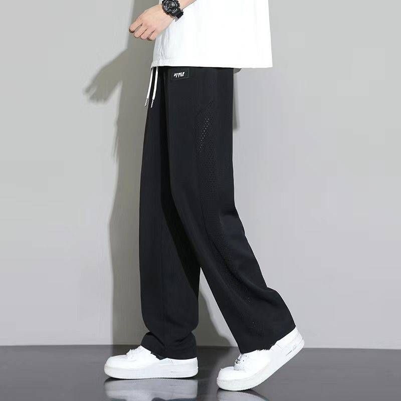 Mesh Ice Silk Pants, Men's Summer Thin, Breathable, Loose, Wide-leg Pants With A Good Drape, Summer Sporty, Patchwork Casual Long Pants_viptrois.com