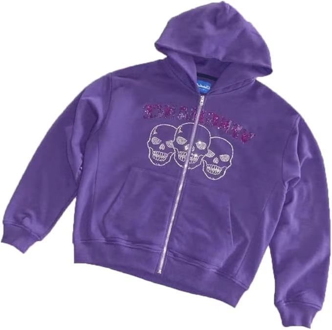 2024 Zipper Hoodie Cool Internet Celebrity Hooded Cardigan Letter Rhinestone New Print Top Jacket_viptrois.com