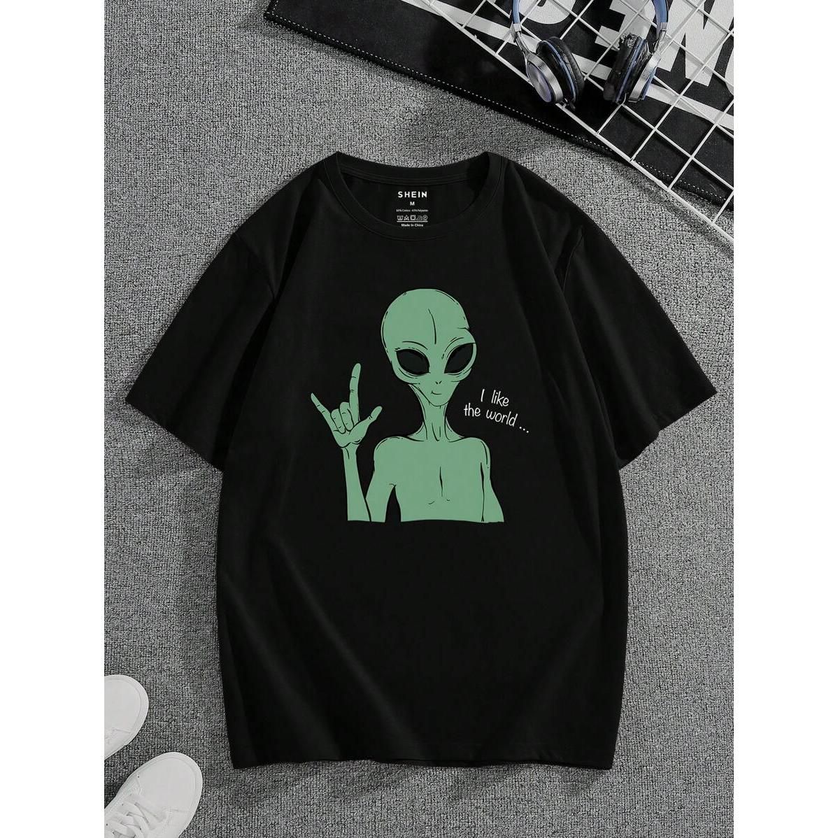 Manfinity Dauomo Hombres Camiseta Algodón Con Estampado De Extraterrestre Y Slogan_viptrois.com