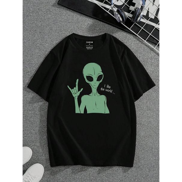 Manfinity Dauomo Hombres Camiseta Algodón Con Estampado De Extraterrestre Y Slogan_viptrois.com